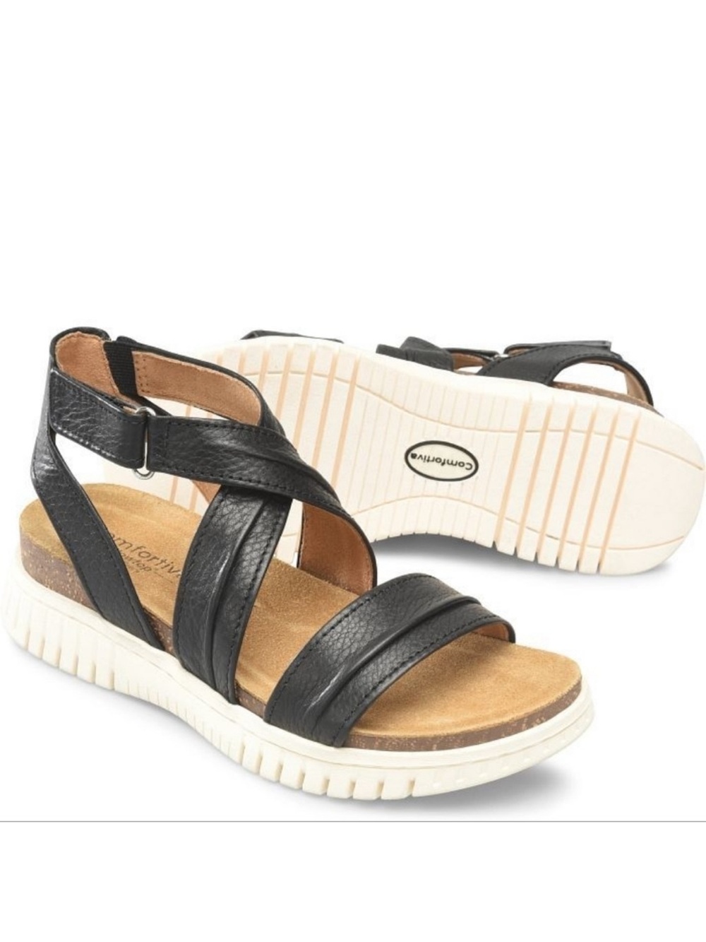 Comfortiva Calvina Platform Sandals Black Leather Lined Straps Suede Footbed 9.5